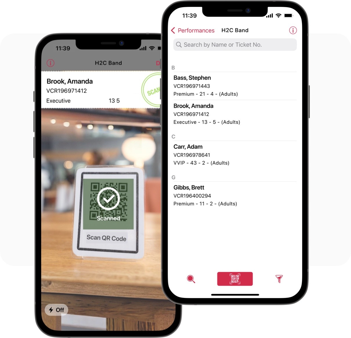YapScan — Box Office App showing QR scan confirmation and attendee list