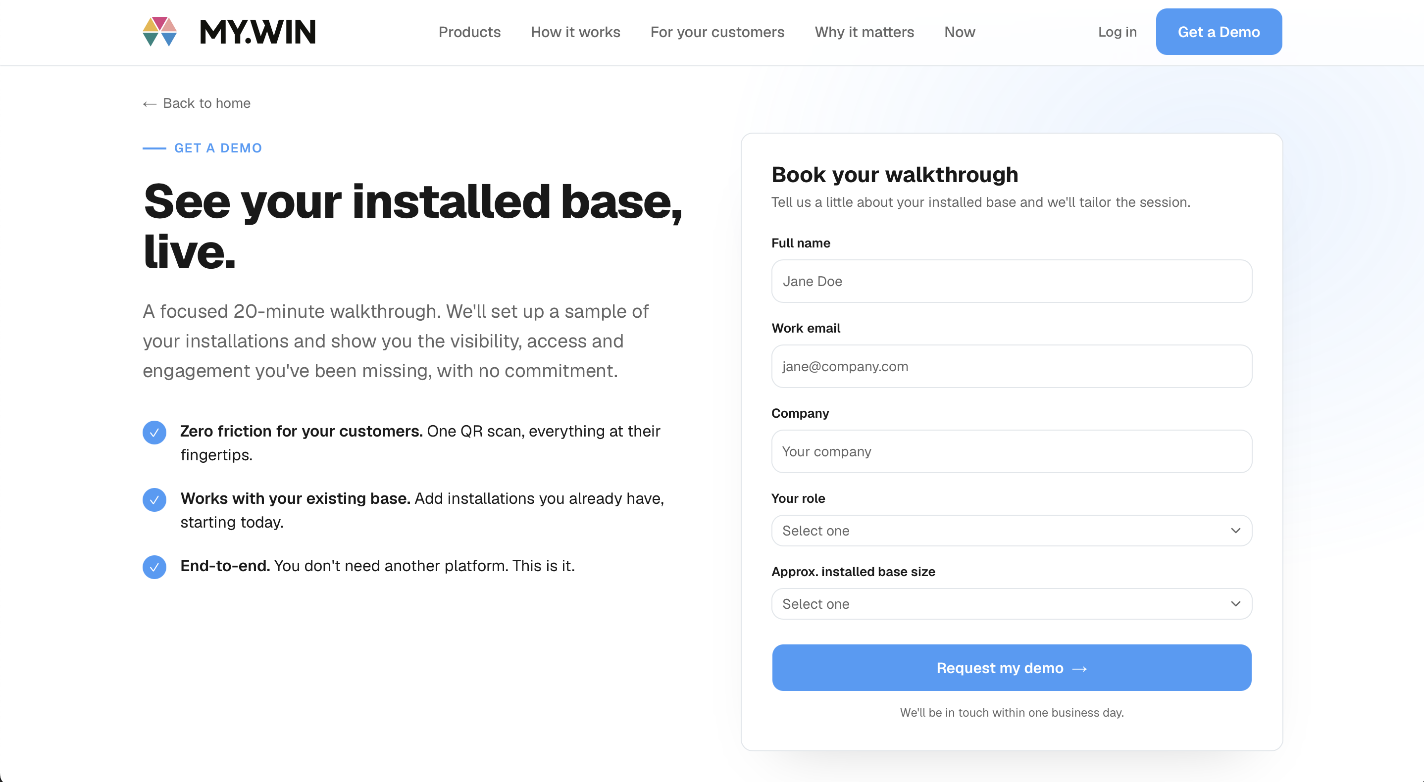 My.Win product module page with the demo request form — every path converging on one action