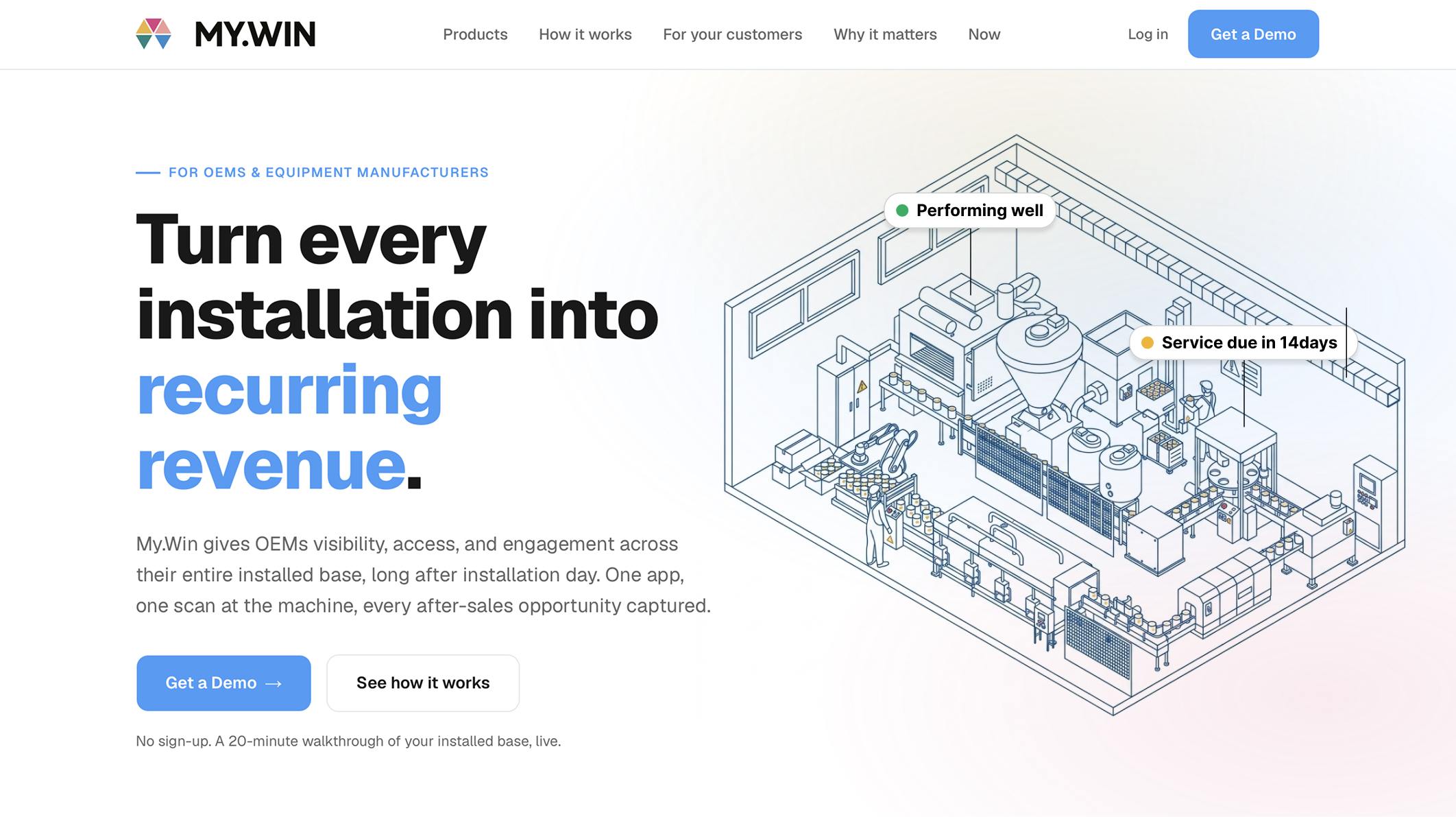 My.Win homepage hero — isometric industrial equipment illustration with live status badges